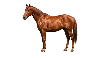 Fototapeta premium Chestnut brown horse standing in profile, majestic thoroughbred stallion with shiny coat, muscular equestrian animal for ranch and farm concepts isolated on White Background