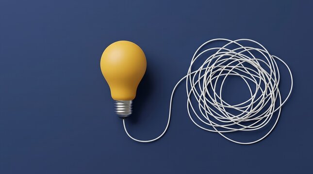 Yellow light bulb connected to a tangled wire symbolizing problem solving and transforming confusion into a clear idea