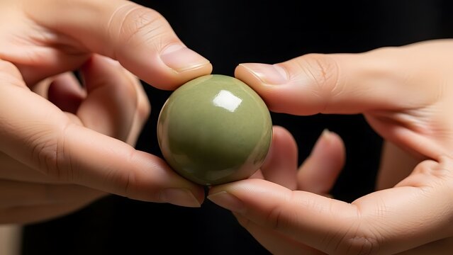 Person Holding a Polished Green Jade Sphere against Black Background
