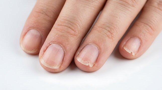 Brittle Fingernails Condition: Close-up of Damaged Nails for Dermatology, Health, and Beauty Product Marketing