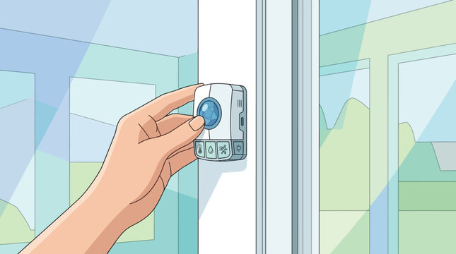 a human hand holding a smart home sensor device for environmental monitoring next to a window concept of iot