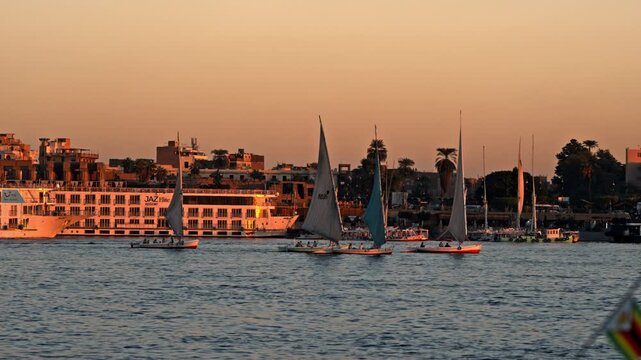 Eye-level shot taken from a boat on the Nile River in Luxor, Egypt, during a warm sunset. Several traditional Egyptian felucca sailboats with white and blue sails glide across the calm water.