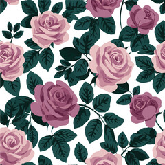 Repeating botanical wallpaper featuring pink flower blossoms and dark green leaves on a transparent background texture © boss