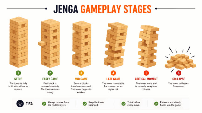 Jenga gameplay stages from stable to collapse vector illustration