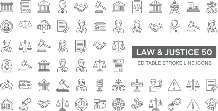 Law and justice icon set legal court and judiciary vector graphics