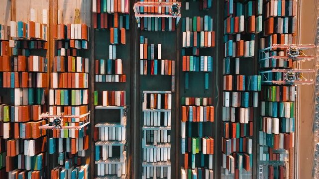 Aerial views of the Port of Los Angeles container terminal show shipping containers organized in stacks. Cranes operate to load and unload cargo vessels.