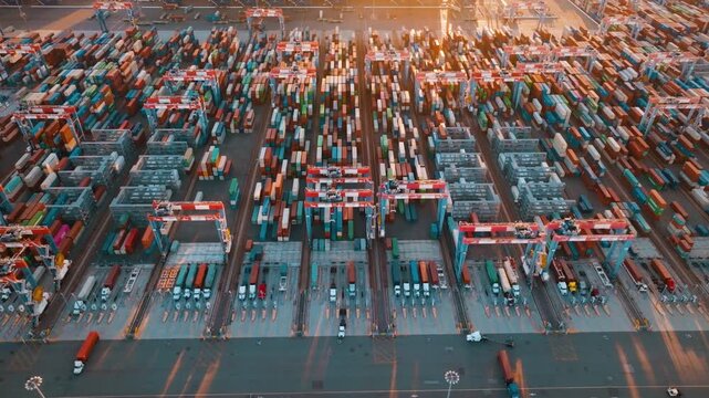 Containers are loaded and unloaded at the terminal. Trucks transport cargo across the facility. Shipping containers are stacked in rows. Cranes move freight from ships to ground.