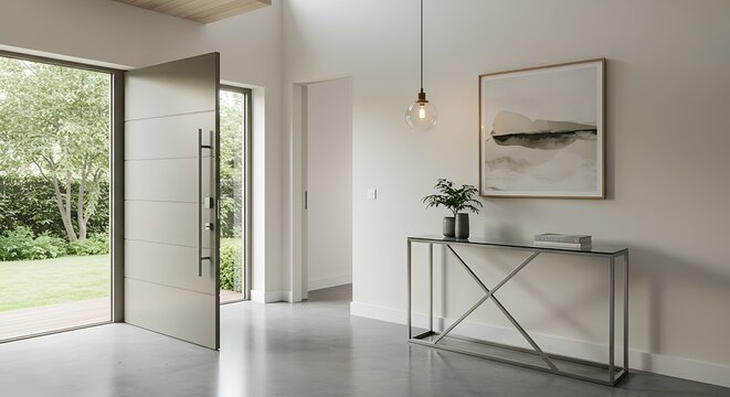 Elegant Modern Foyer with Open Pivot Door, Abstract Art, and Minimalist Console Table.