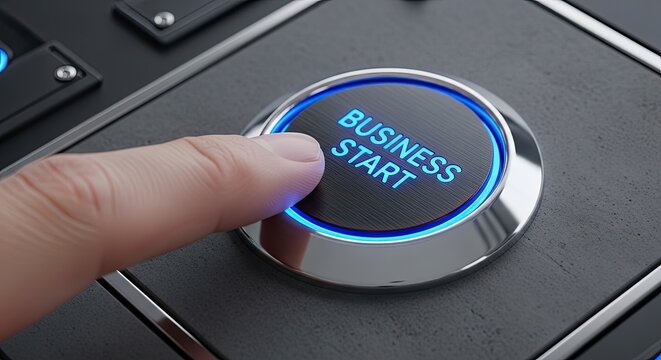 Startup business concepts finger pressing 'business start' button on car console