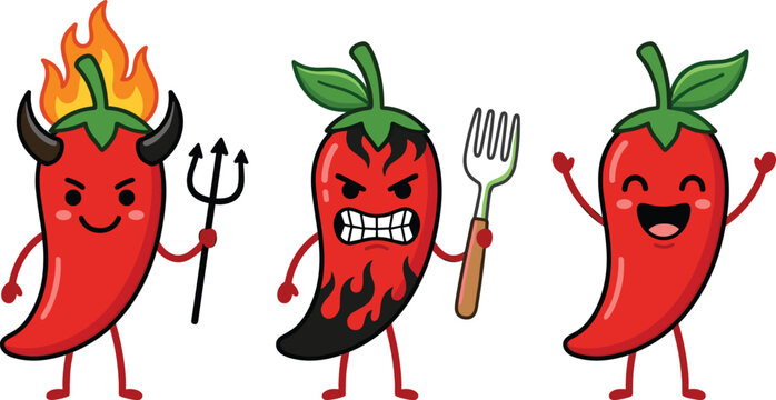 Kawaii chili pepper emoji character set cute cartoon hot spicy food emoticons vector collection