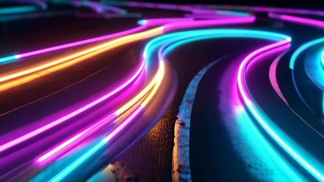 City streets filled with neon lights at night show vibrant patterns and colors along the wet pavement in an urban setting