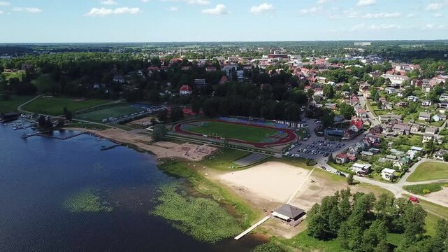 Wide bird's eye view showcasing the scenic Viljandi urban landscape with the ongoing new spa construction project visible in the city environment.