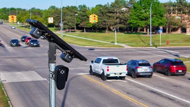 Flock cameras monitoring traffic at a road intersection in Brownstown, Michigan, USA