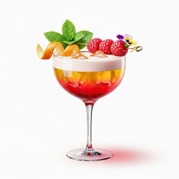Vibrant Layered Cocktail with Raspberries and Mint Garnish on White Background.
