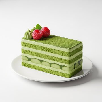 Delicious Matcha Green Tea Cake with Raspberries on White Plate.