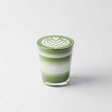 Vibrant Green Matcha Latte with Delicate Latte Art in a Clear Glass.