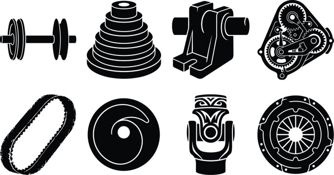 Automotive drivetrain and mechanical power transmission vector stencil set featuring timing belts universal joints flywheels and multi-tier pulley systems