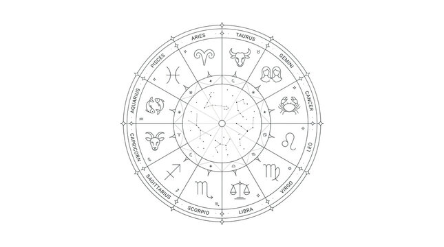Circular astrology chart featuring twelve zodiac signs and symbols arranged in a wheel format with astrological elements and constellations illustrated in a minimalist style
