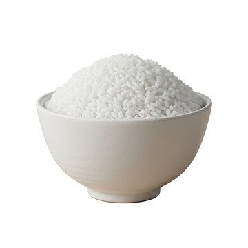 White Rice Grains in a Ceramic Bowl Isolated on White Background.