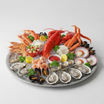 Luxurious Seafood Platter with Lobster, Oysters, Shrimp, and Mussels on Ice.