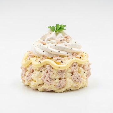 Gourmet Tuna Salad Delight with Creamy Topping and Fresh Garnish.