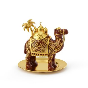 Ornate Gold and Brown Camel Figurine with Islamic Motifs.