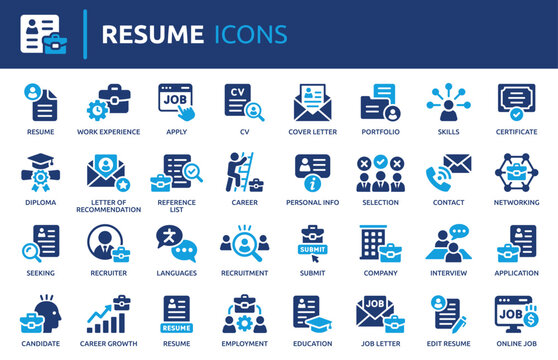 Resume Icon Set, Containing Job Application, CV, Career, Recruitment and Employment Vector Collection