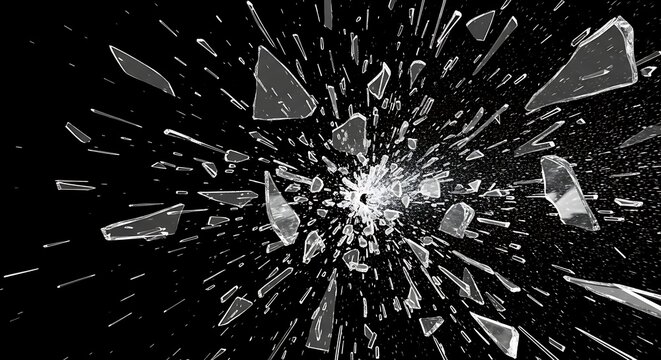 Explosion of shattered glass shards flying outward on black background
