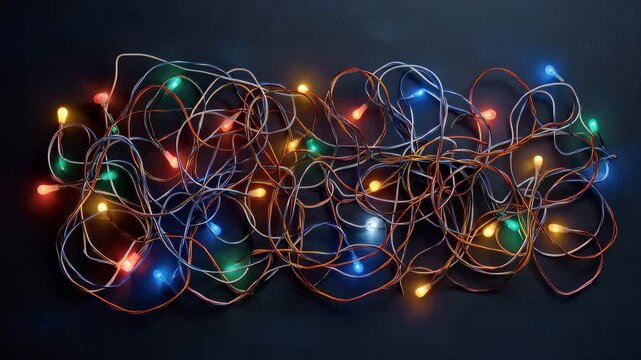 Colorful lights and tangled wires laid out on a flat surface create a vibrant scene showcasing playful arrangement for a festive mood