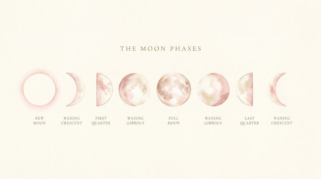 Illustration of the moon phases showing new moon, waxing crescent, first quarter, waxing gibbous, full moon, waning gibbous, last quarter, and waning crescent on a light background