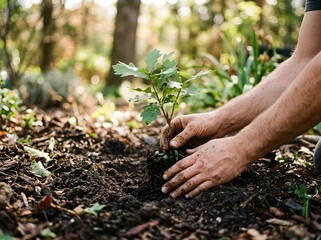 Fototapeta premium Hands planting young green sapling in fertile forest soil with natural sunlight