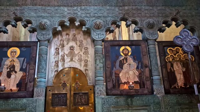 Interior iconostasis screen and icons Svetitskhoveli Cathedral in Mtskheta, Georgia