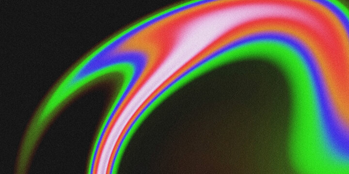 Dynamic curved fluid wave shape with vibrant iridescent neon gradient, grainy film texture on solid black dark backdrop.