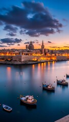 Fototapeta premium Valletta Malta Waterfront at Sunset with Boats and Cityscape.