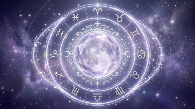 Astrological chart with zodiac symbols and celestial elements on a cosmic background featuring a luminous crystal at the center surrounded by stars and galaxies