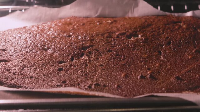 Satisfying Food Timelapse: Chocolate Brownie Batter Rising on Baking Sheet. Thick dark batter rises and expands, setting into a perfectly gooey, cracked-top fudge dessert in fast motion.