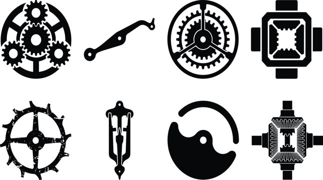 Clockwork mechanisms and steampunk gear engineering vector stencil set featuring planetary cogs distressed clock wheels linkages and automotive differentials