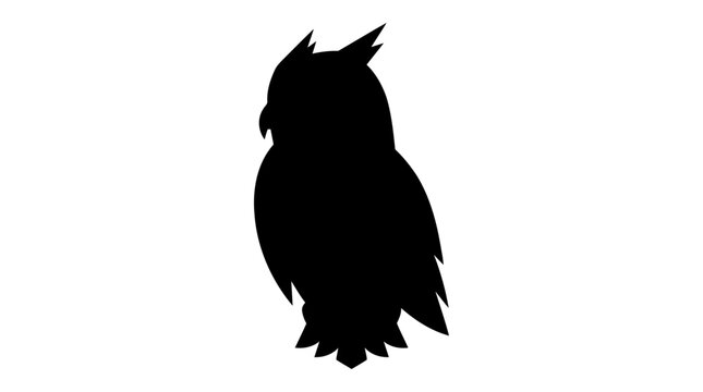 Minimalist black silhouette icon of a majestic owl perched facing left side isolated white.
