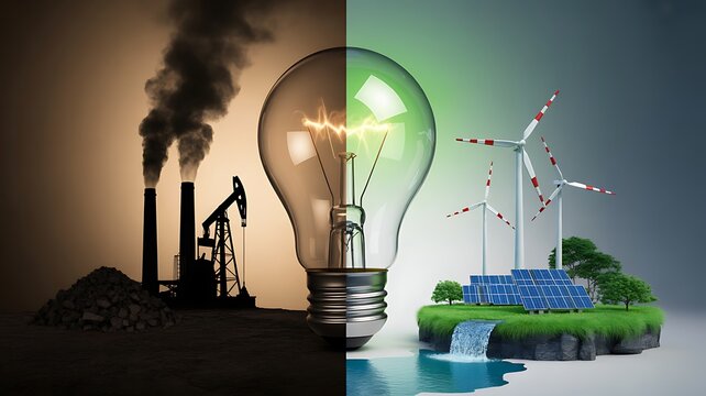Clean energy concept showing renewable power replacing industrial pollution
