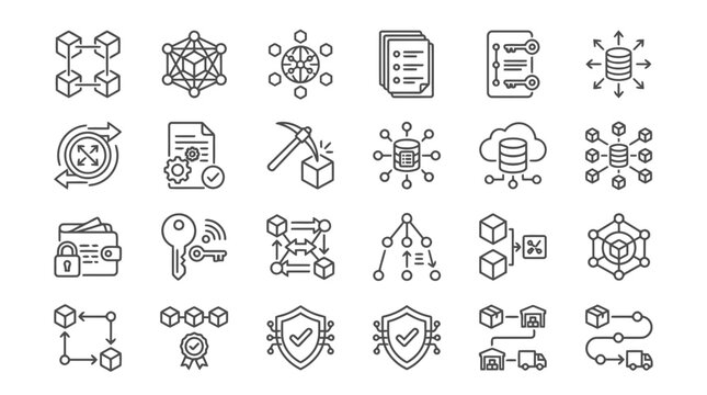 Blockchain technology and digital network icons set for crypto transaction security design.