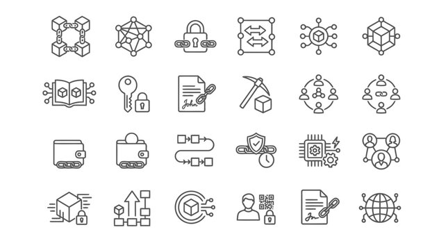 Blockchain technology and digital asset icons set with network chain nodes and crypto art.
