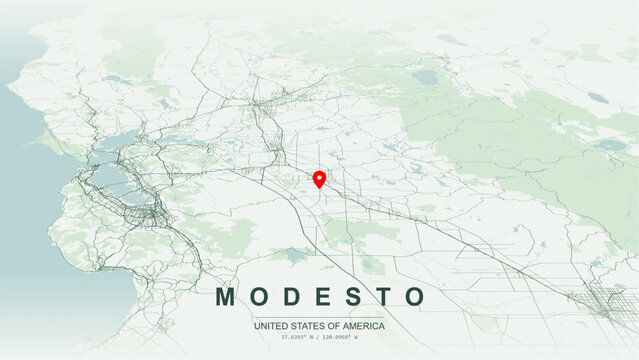 Modern minimalist vector map of Modesto, California, USA. High-quality scalable illustration of Modesto square city grid, Tuolumne River and Dry Creek layout for posters design.