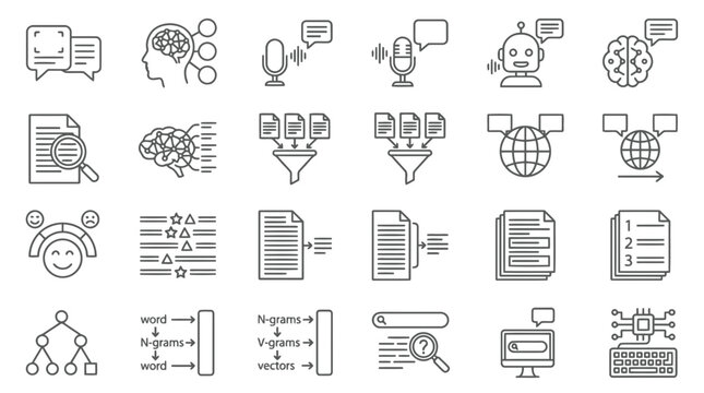 Set of natural language processing and text analysis icons for artificial intelligence tech.