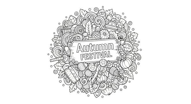 Autumn festival doodle with pumpkins and falling leaves