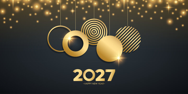 2027 Happy New Year celebration banner. Gold Colored Hanging Geometric Circles and Sparkling Lights on Black Background. Vector illustration.