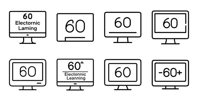 Six monitors showing 60 degrees ergonomic learning - Illustrated icons of six computer monitors labeled 60 degrees for ergonomic learning and workspace setup.