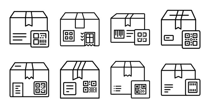 Flat icons of delivery boxes with different package types - Set of eight simple flat icons showing delivery boxes with labels, barcodes, and QR codes for various package styles.