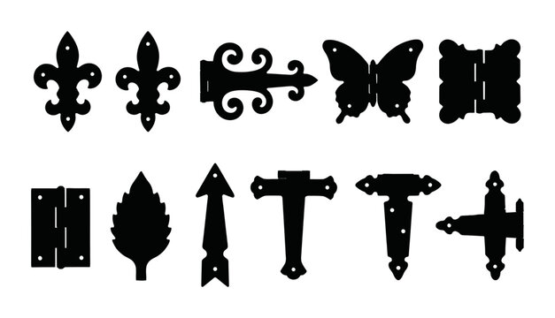 Collection of Vintage Decorative Metal Door Hinges and Ornamental Architectural Hardware Silhouettes on White Background