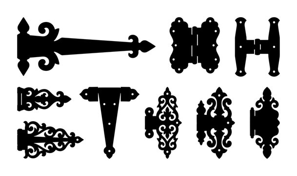 Collection of Vintage Decorative Door Hinges and Antique Iron Hardware Silhouettes for Architectural Restoration