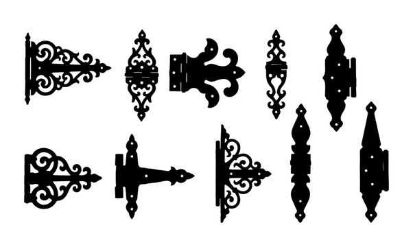 Set of ten ornate black metal decorative door hinges with vintage scrollwork designs for rustic architectural hardware